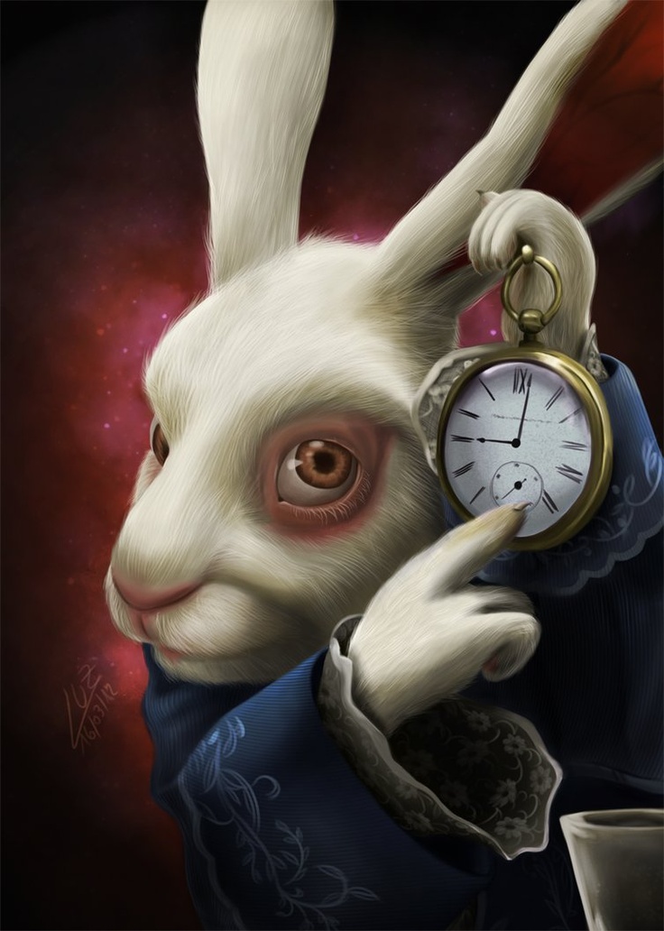 Alice in Wonderland White Rabbit Pointing At Clock meme template variation