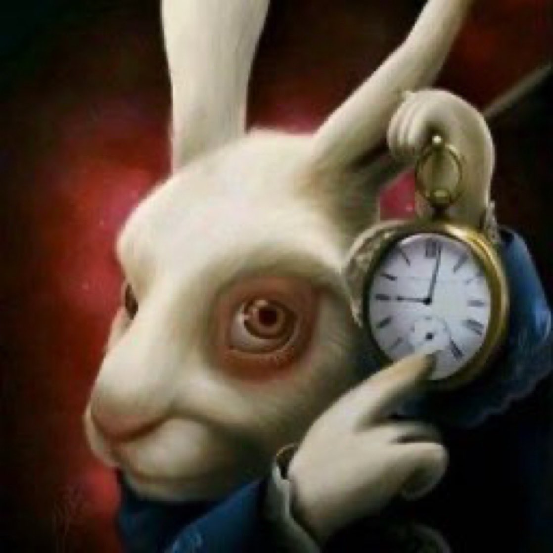 Alice in Wonderland White Rabbit Pointing At Clock meme template variation