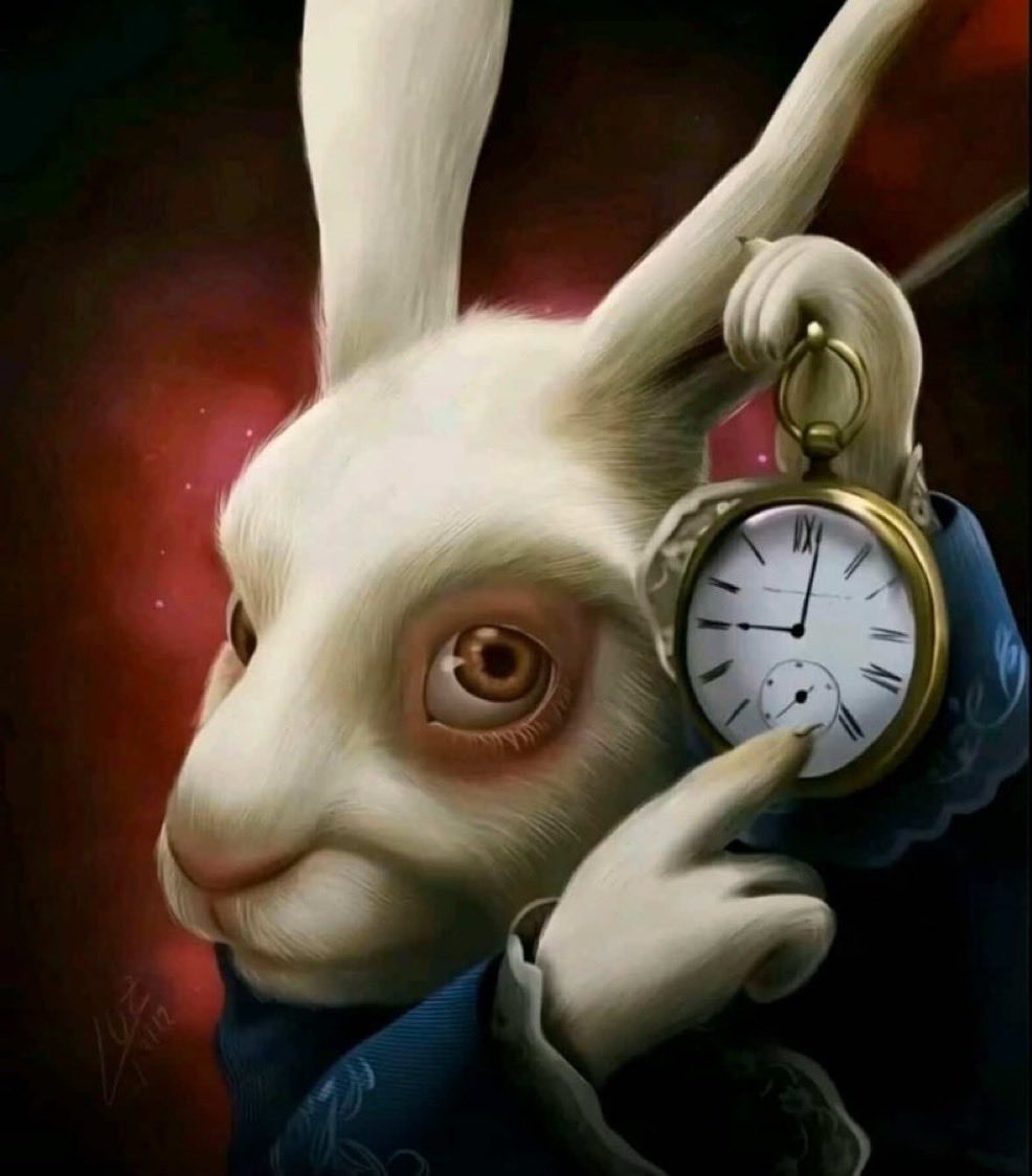 Alice in Wonderland White Rabbit Pointing At Clock meme template variation