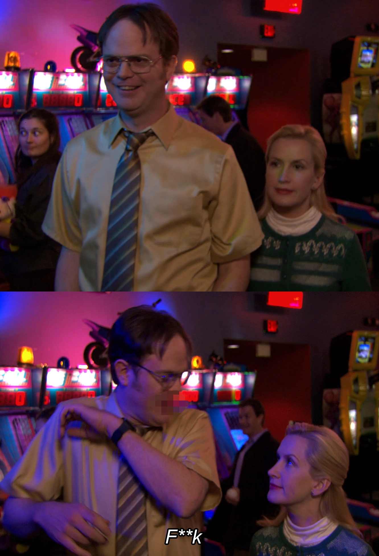 Angela Scares Dwight At Party F***! - The Office  meme template variation