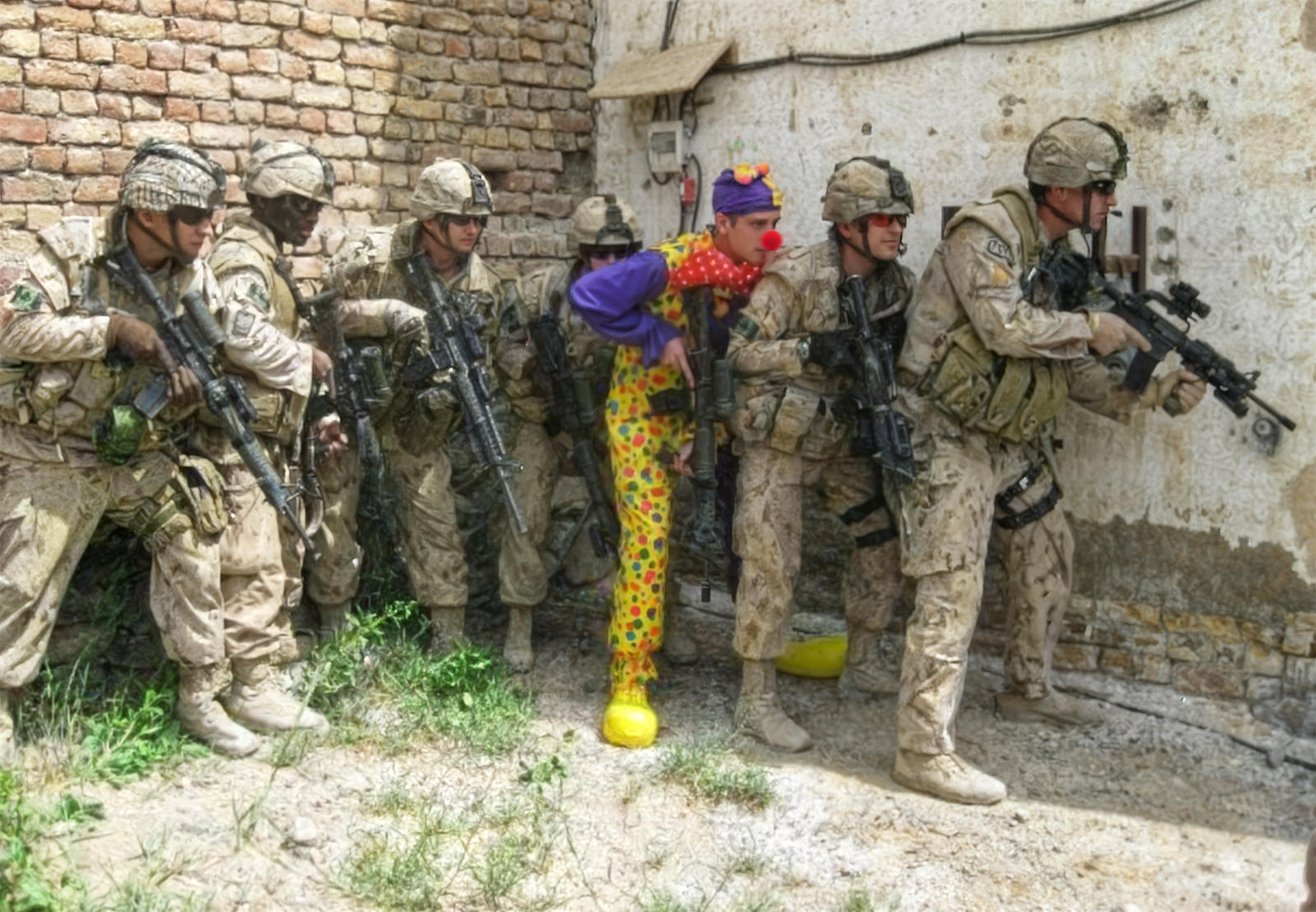 Army Soldiers With Clown Stacked Up meme template variation