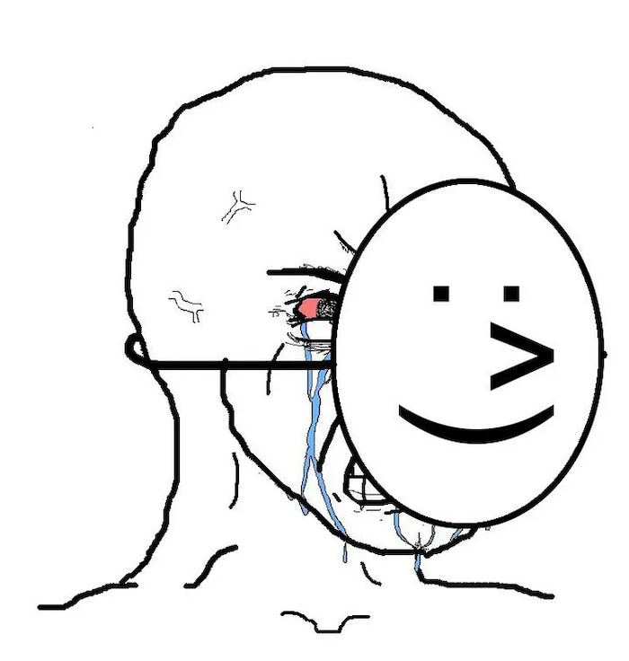 Crying Wojak with Happy Mask meme template