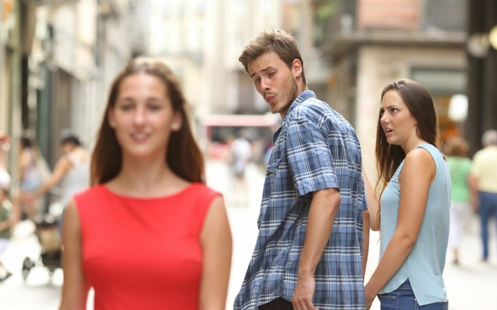 Distracted Boyfriend Jealous Girlfriend meme template variation