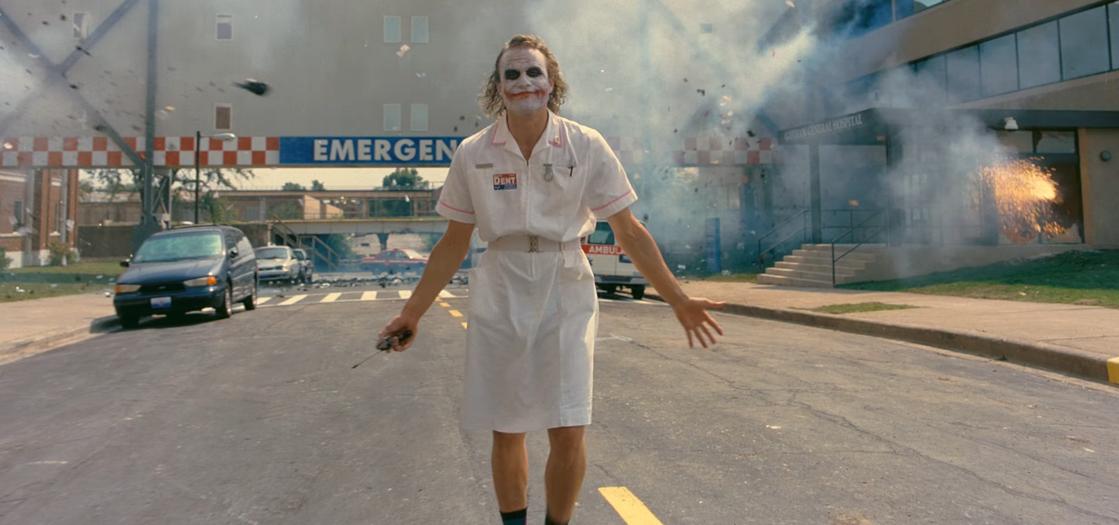 Joker Blowing Up Hospital - The Dark Knight meme template variation