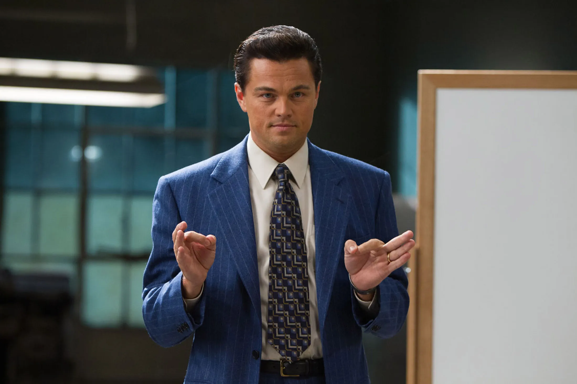 Leonardo DiCaprio as Jordan Belfort Pitching