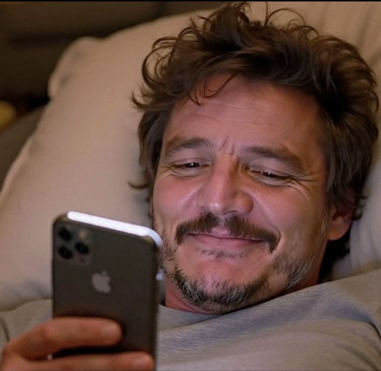 Pedro Pascal Smiling at Phone in Bed meme template