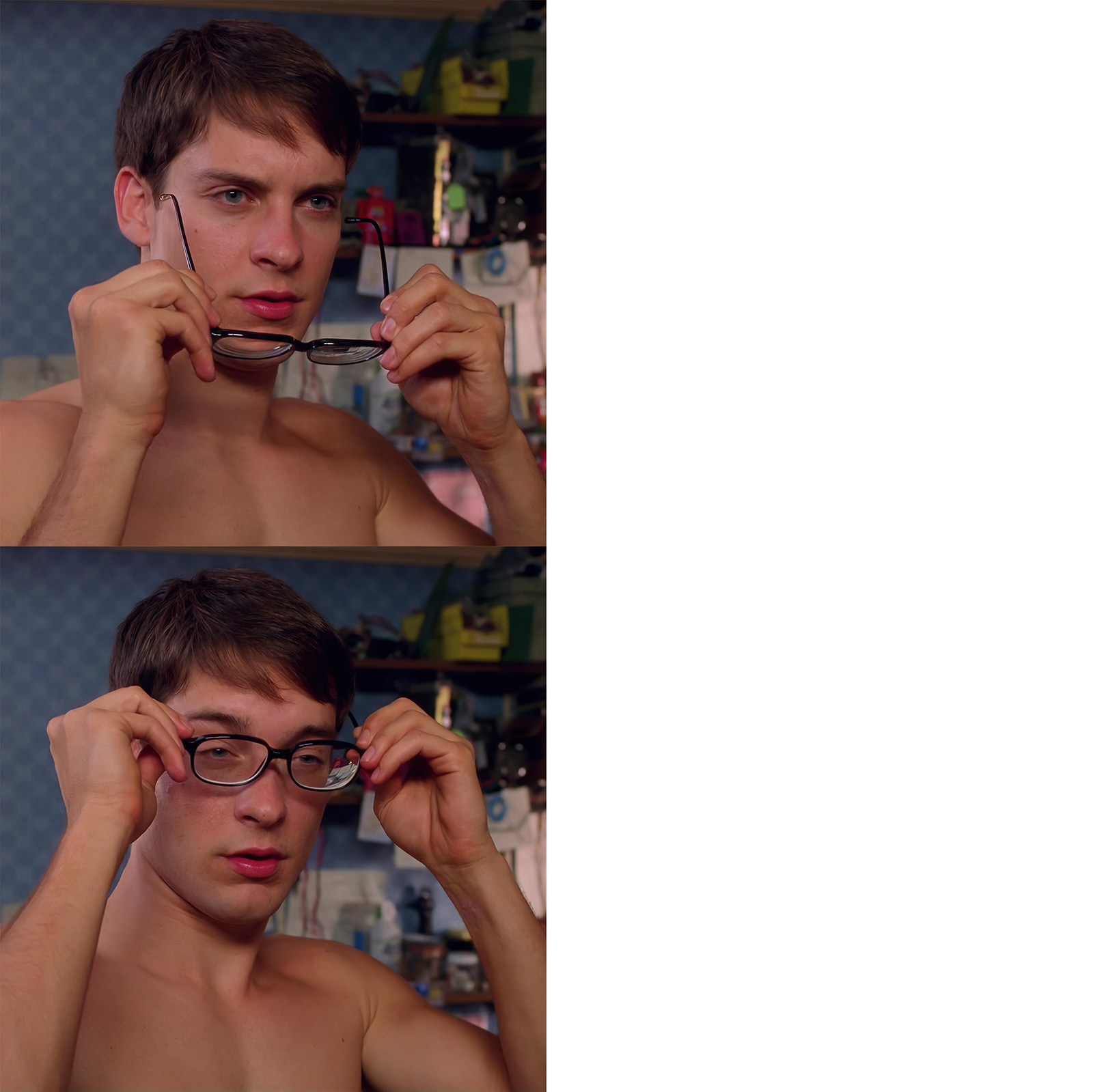 Peter Parker's Glasses meme template variation