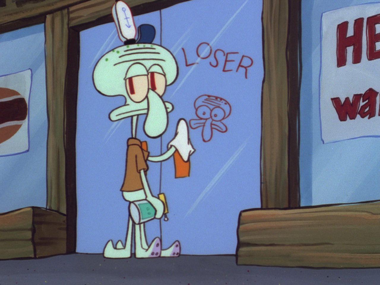 Squidward Cleaning Loser Graffiti meme template variation