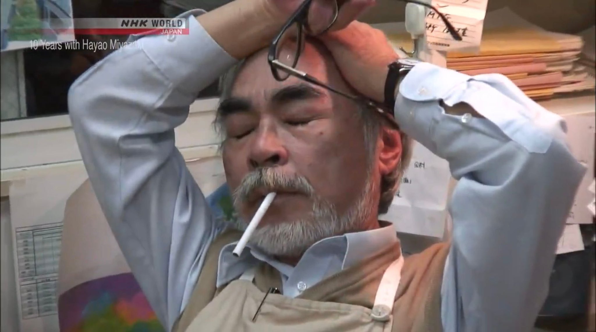 Stressed Hayao Miyazaki - Tired/Exhausted Old Man with Cigarette