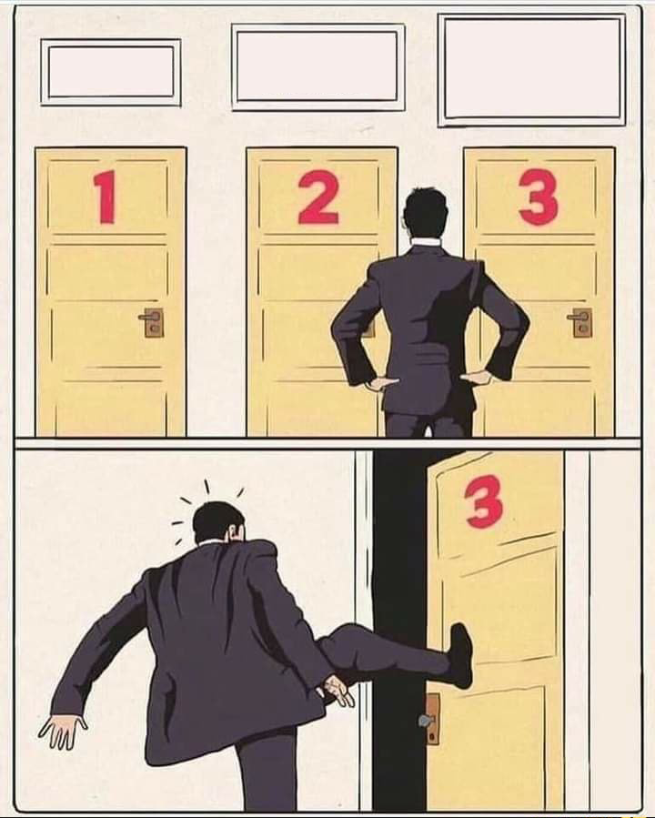 Three Doors - Kicks Open Door Three meme template