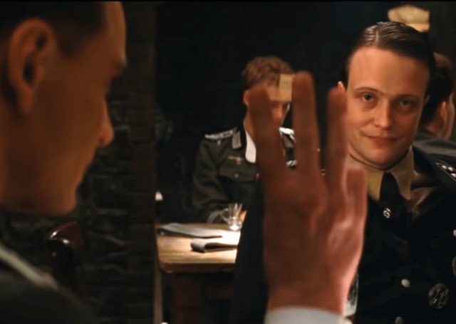 Three Finger Gesture Reveals Imposter - Inglourious Basterds meme template variation