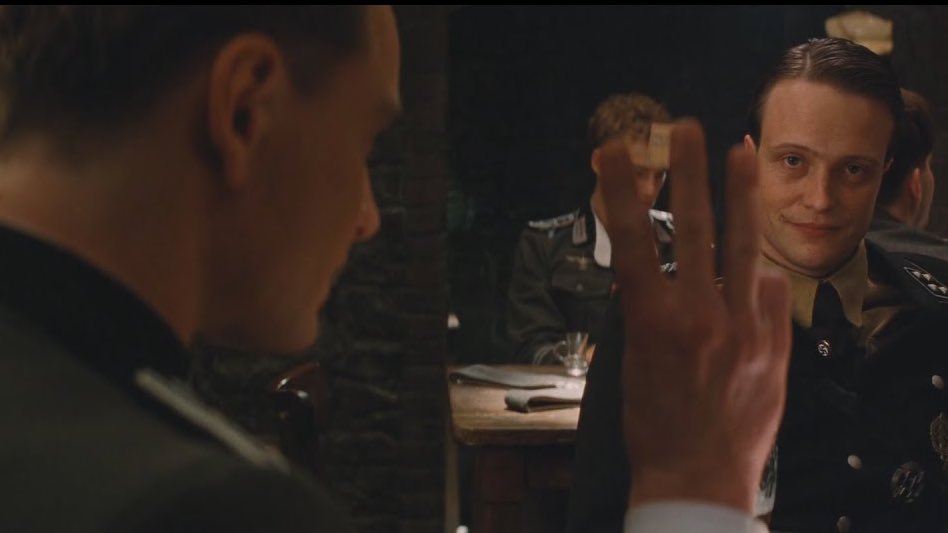 Three Finger Gesture Reveals Imposter - Inglourious Basterds meme template variation