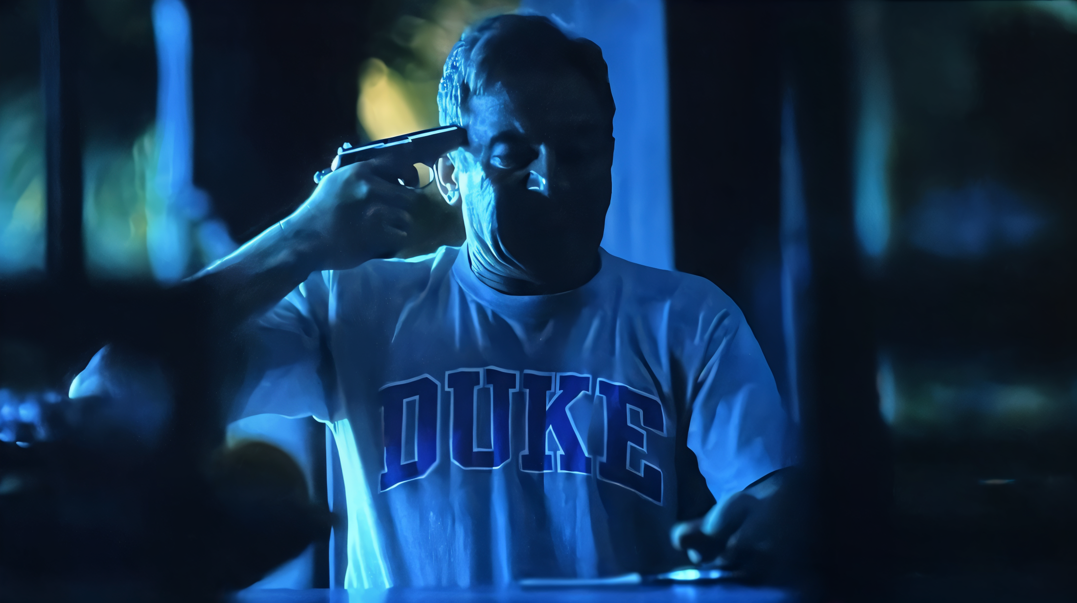 White Lotus dad with Duke shirt and gun meme template variation