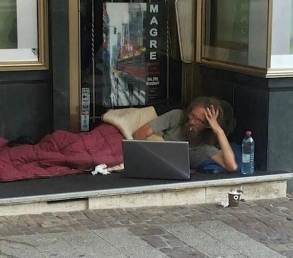 Homeless Guy on Laptop meme template