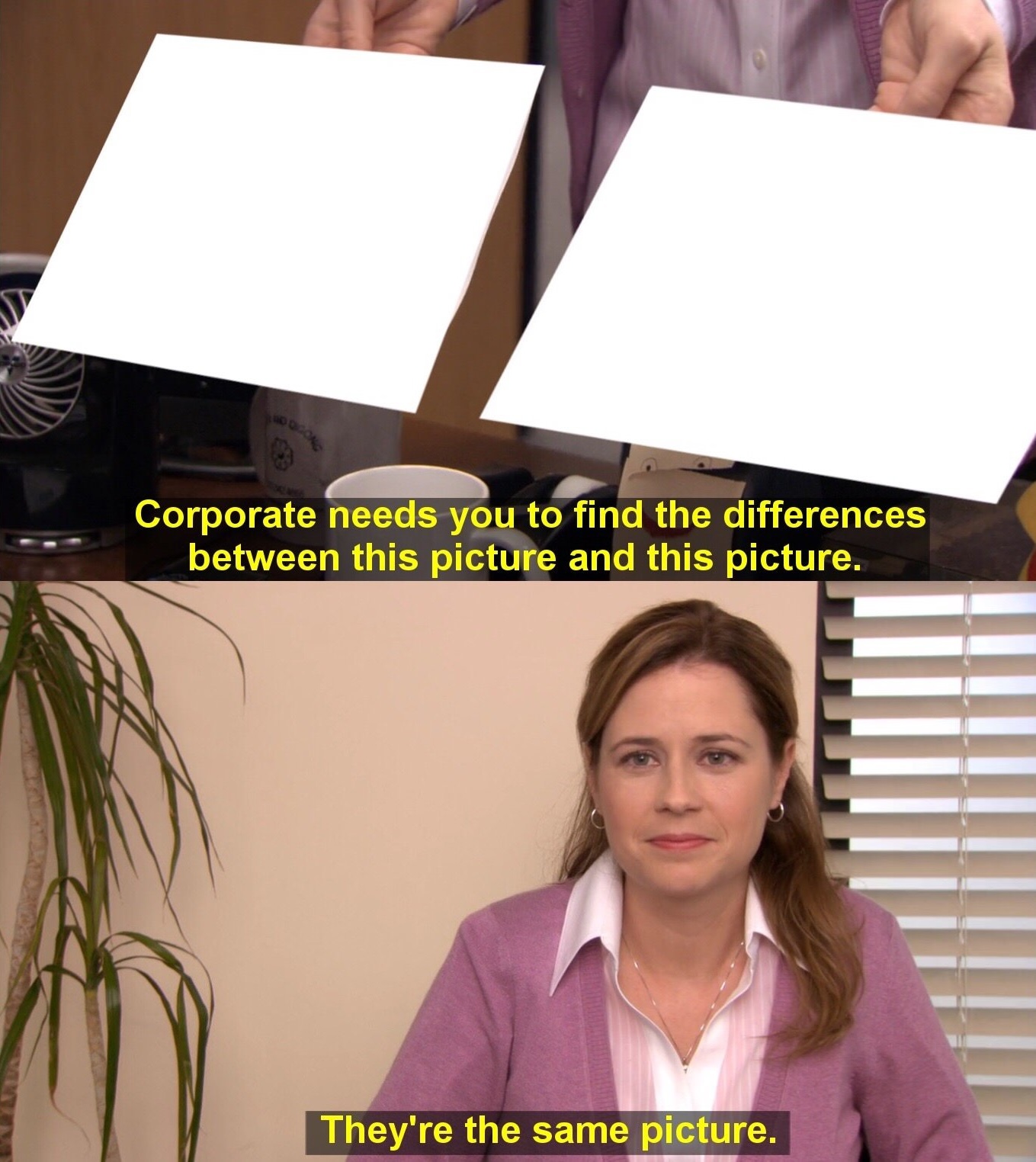 They are the same picture (Corporate wants you to find the difference) - The Office meme template