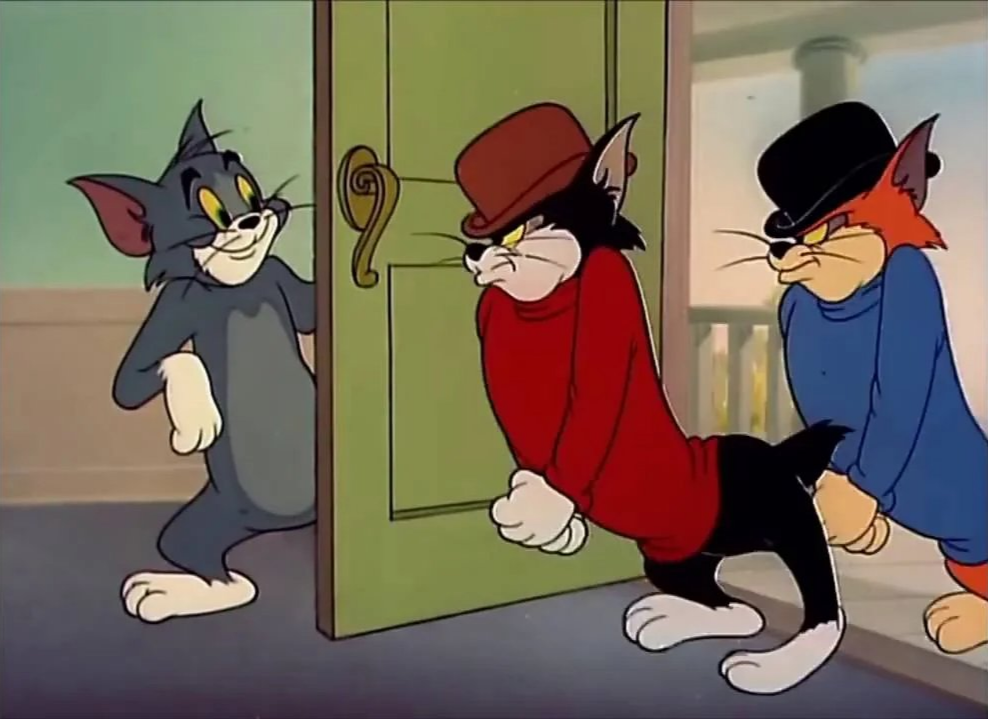 Tom Opening Door to Let Alley Cats Inside - Tom and Jerry meme template